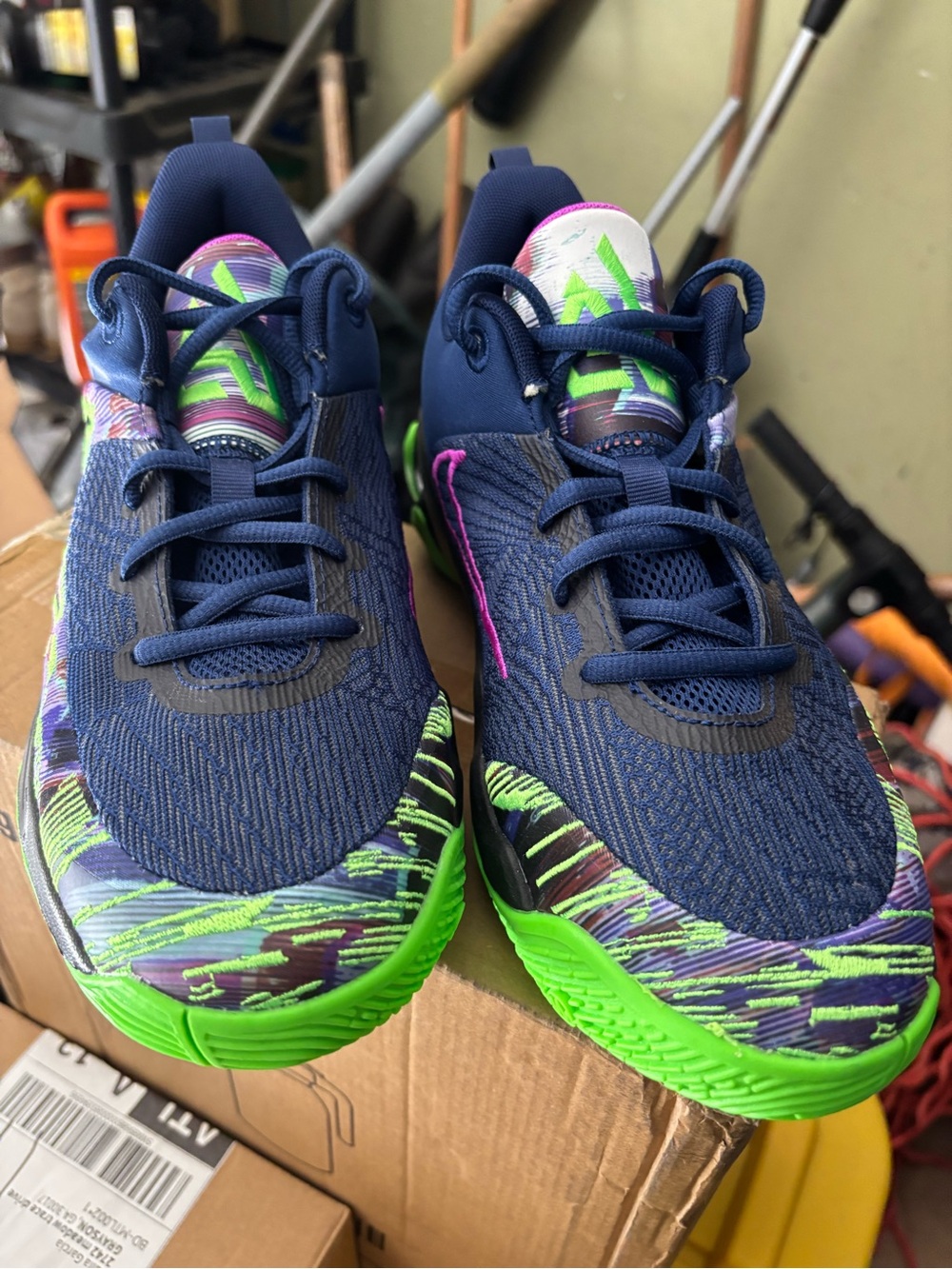 Nike Kids Navy Sneakers with Neon Green and Purple Accents  basketball shoes